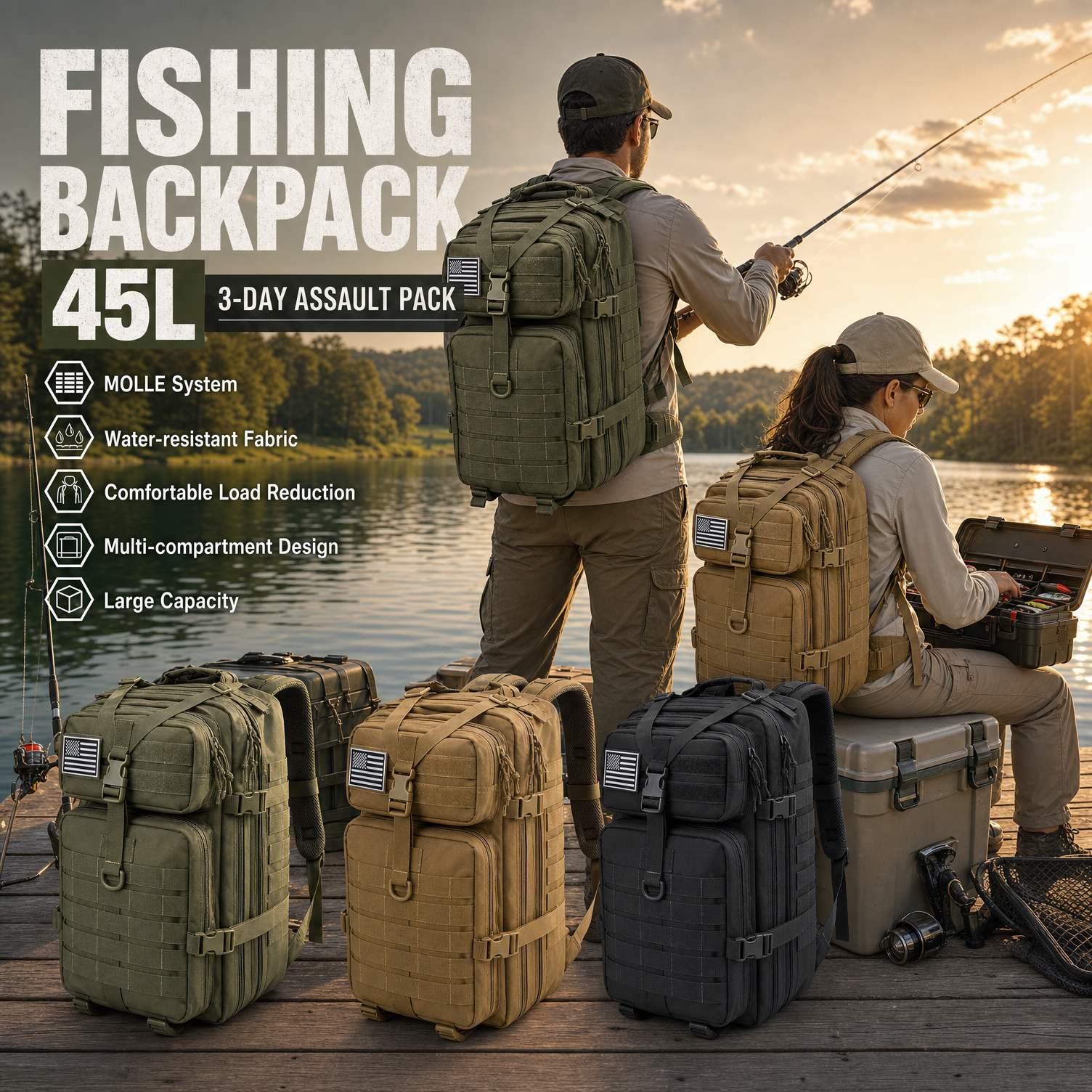 45L Tactical Fishing Backpack  - Reel Bag recension och pris